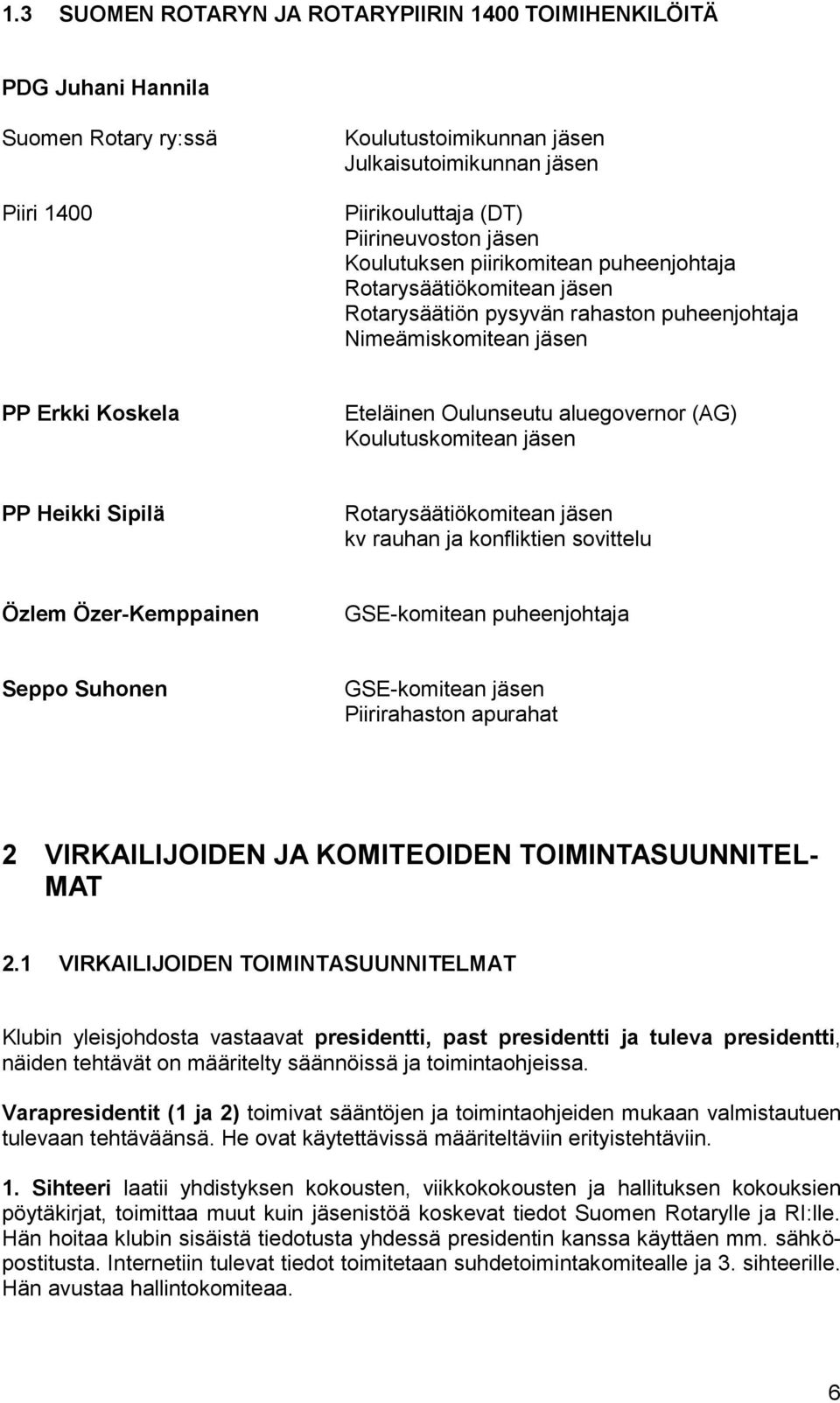 Koulutuskomitean jäsen PP Heikki Sipilä Rotarysäätiökomitean jäsen kv rauhan ja konfliktien sovittelu Özlem Özer-Kemppainen GSE-komitean puheenjohtaja Seppo Suhonen GSE-komitean jäsen Piirirahaston