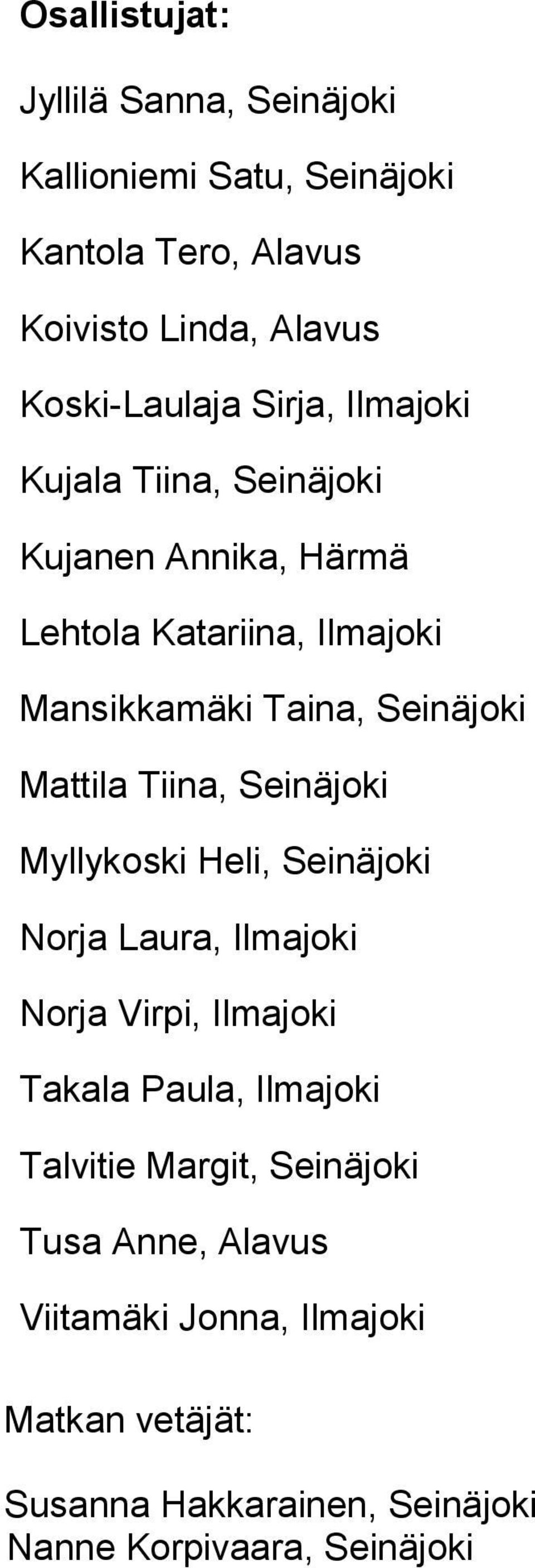 Tiina, Seinäjoki Myllykoski Heli, Seinäjoki Norja Laura, Ilmajoki Norja Virpi, Ilmajoki Takala Paula, Ilmajoki Talvitie Margit,