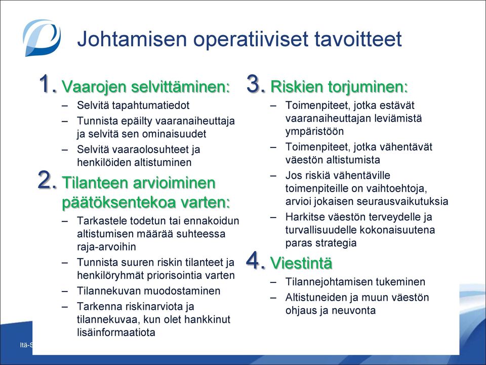 Tilanteen arvioiminen päätöksentekoa varten: Tarkastele todetun tai ennakoidun altistumisen määrää suhteessa raja-arvoihin Tunnista suuren riskin tilanteet ja henkilöryhmät priorisointia varten