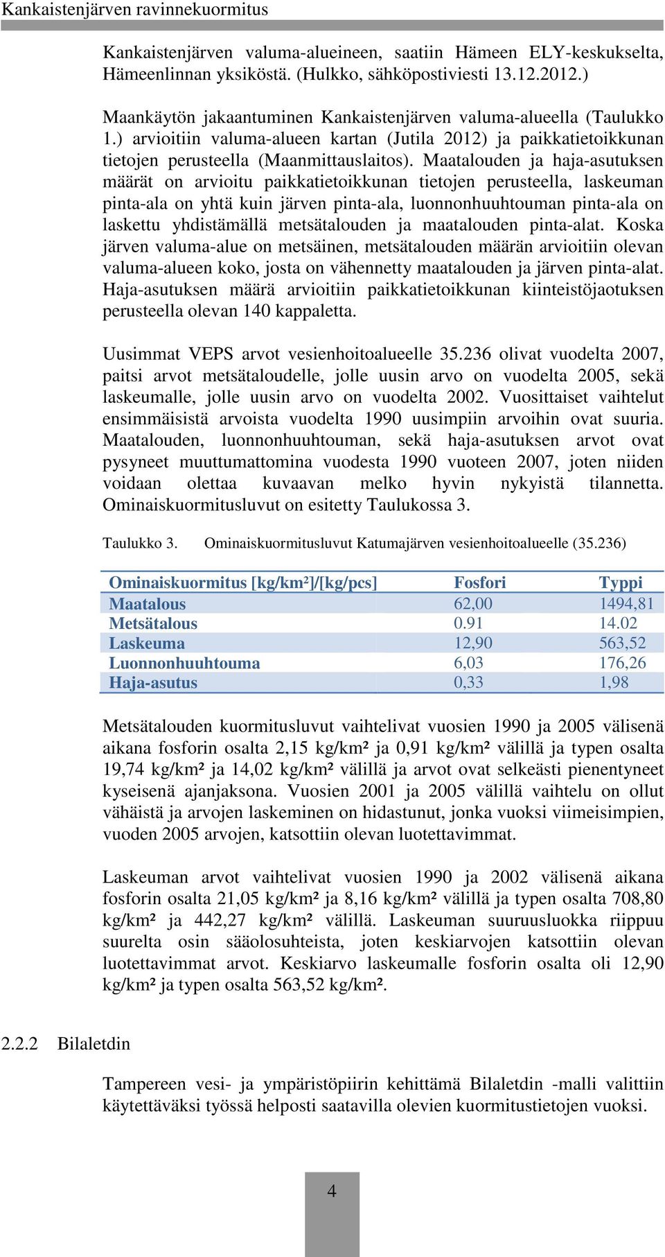 Maatalouden ja haja-asutuksen määrät on arvioitu paikkatietoikkunan tietojen perusteella, laskeuman pinta-ala on yhtä kuin järven pinta-ala, luonnonhuuhtouman pinta-ala on laskettu yhdistämällä