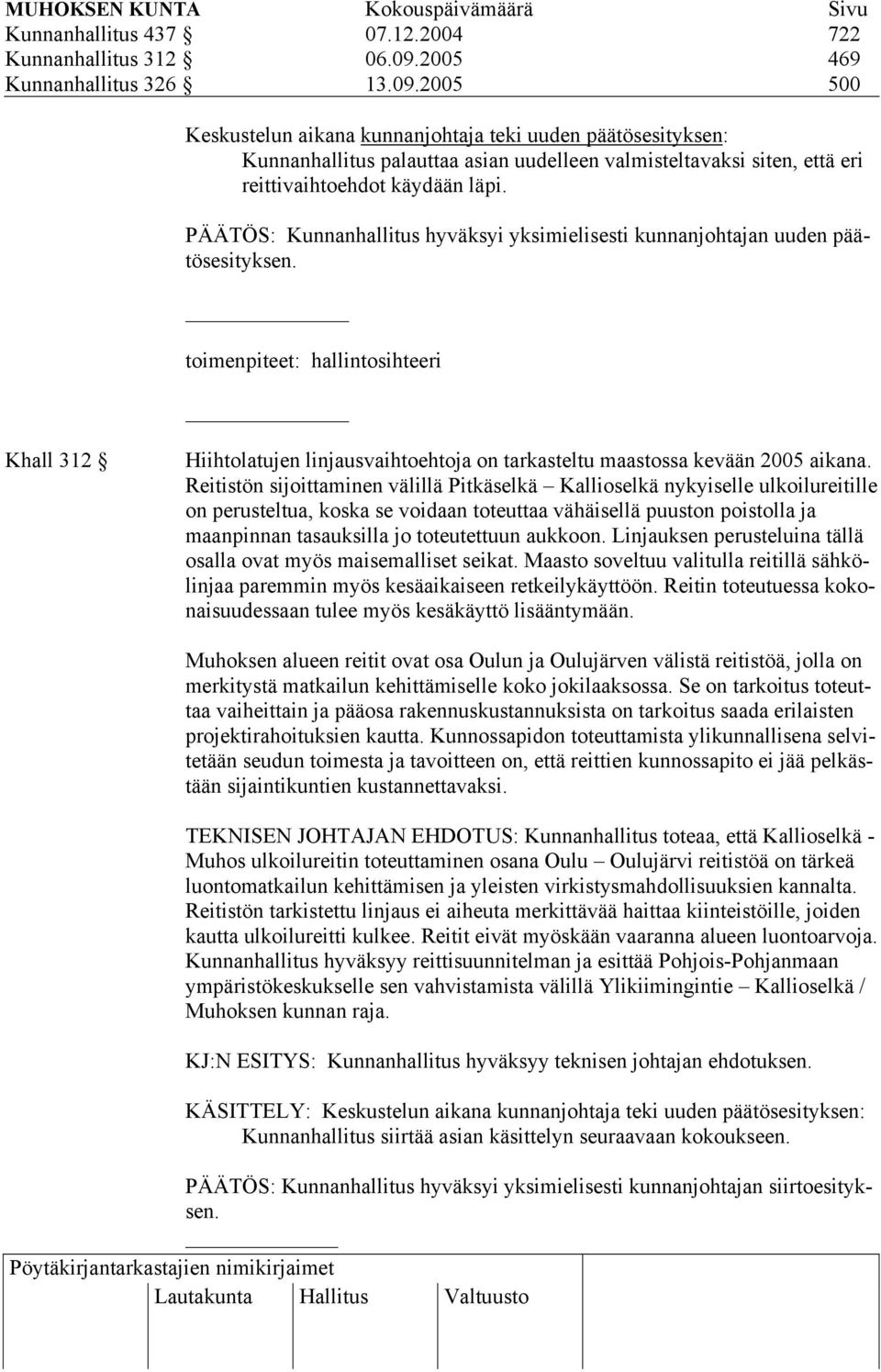 2005 500 Keskustelun aikana kunnanjohtaja teki uuden päätösesityksen: Kunnanhallitus palauttaa asian uudelleen valmisteltavaksi siten, että eri reittivaihtoehdot käydään läpi.