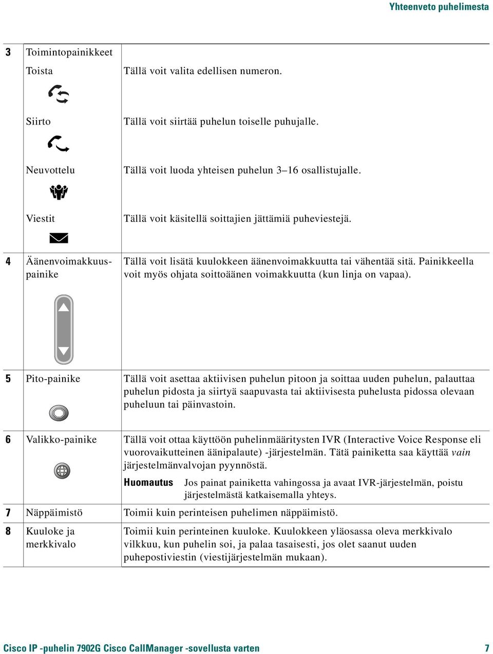 4 Äänenvoimakkuuspainike Tällä voit lisätä kuulokkeen äänenvoimakkuutta tai vähentää sitä. Painikkeella voit myös ohjata soittoäänen voimakkuutta (kun linja on vapaa).