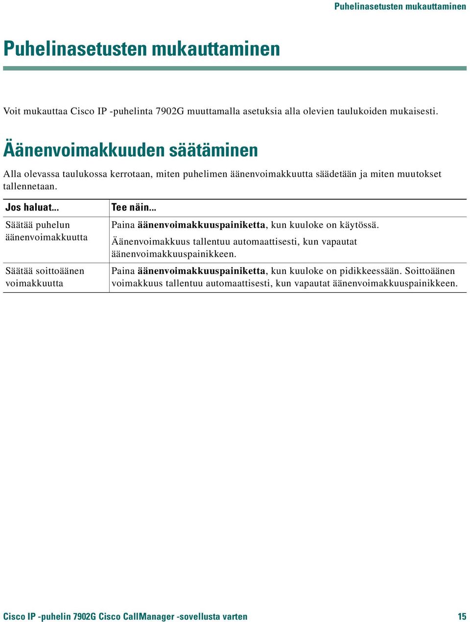 .. Säätää puhelun äänenvoimakkuutta Säätää soittoäänen voimakkuutta Tee näin... Paina äänenvoimakkuuspainiketta, kun kuuloke on käytössä.