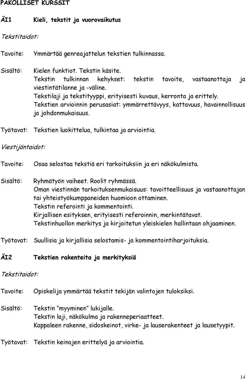 Tekstien arvioinnin perusasiat: ymmärrettävyys, kattavuus, havainnollisuus ja johdonmukaisuus. Työtavat: Tekstien luokittelua, tulkintaa ja arviointia.