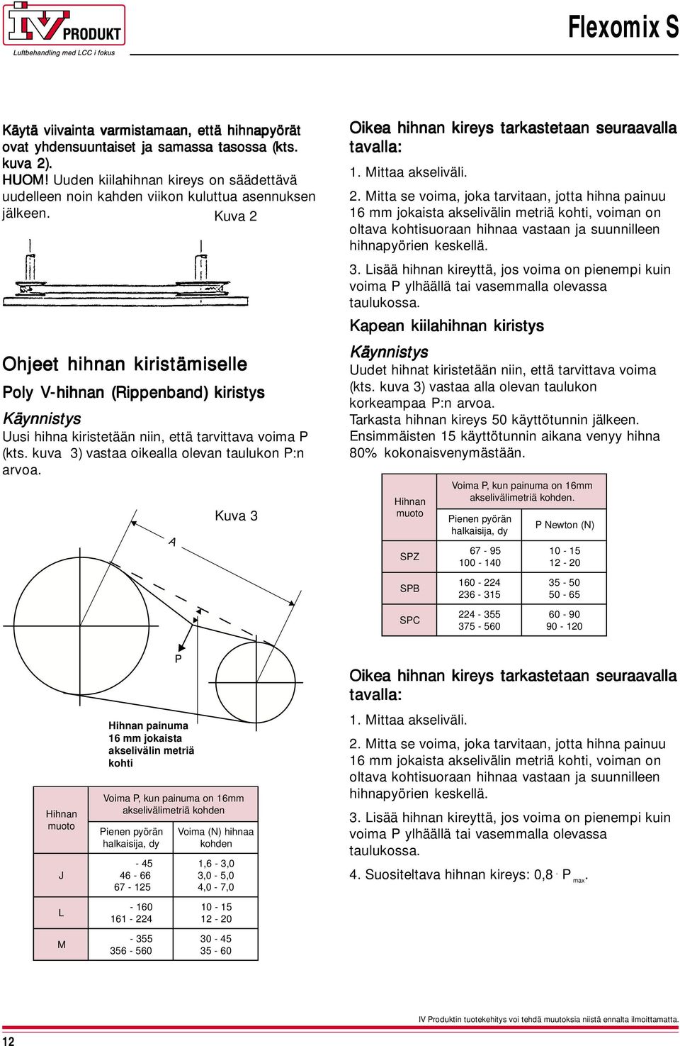 Kuva 2 Ohjeet hihnan kiristämiselle Poly Vhihnan (Rippenband) kiristys Käynnistys Uusi hihna kiristetään niin, että tarvittava voima P (kts. kuva 3) vastaa oikealla olevan taulukon P:n arvoa.