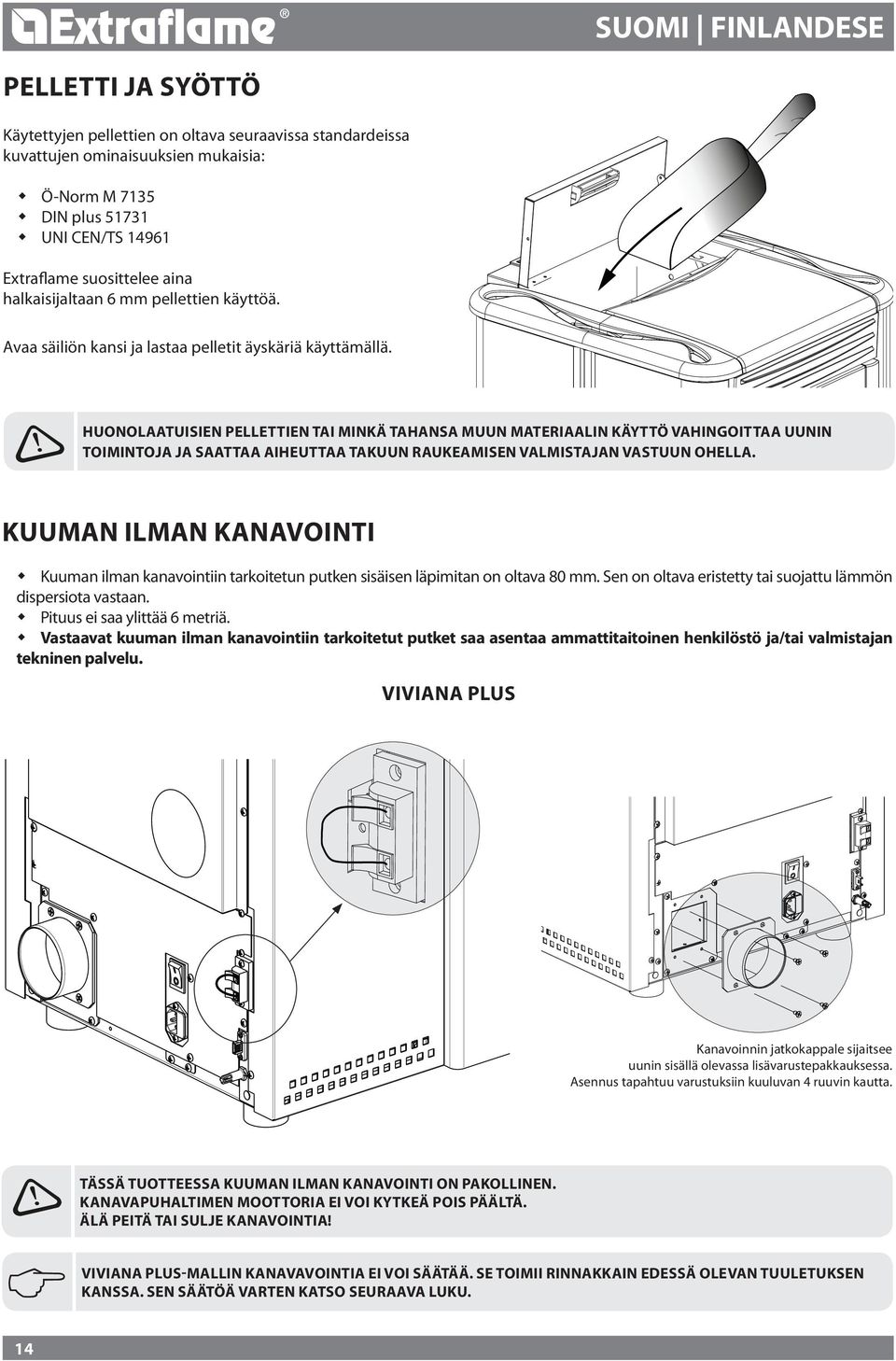 HUONOLAATUISIEN PELLETTIEN TAI MINKÄ TAHANSA MUUN MATERIAALIN KÄYTTÖ VAHINGOITTAA UUNIN TOIMINTOJA JA SAATTAA AIHEUTTAA TAKUUN RAUKEAMISEN VALMISTAJAN VASTUUN OHELLA.