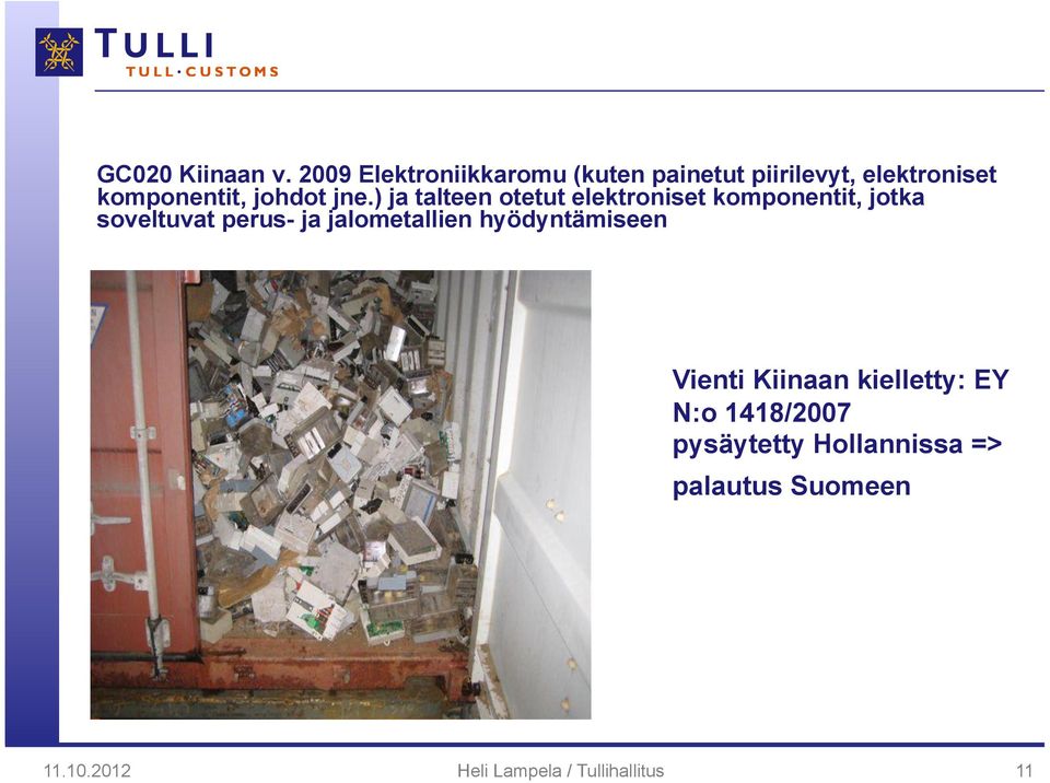 jne.) ja talteen otetut elektroniset komponentit, jotka soveltuvat perus- ja