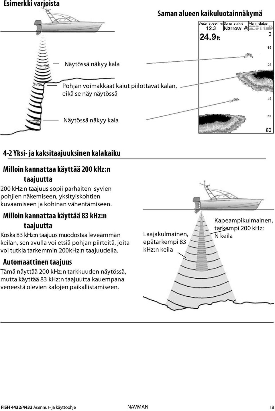 Milloin kannattaa käyttää 83 khz:n taajuutta Koska 83 khz:n taajuus muodostaa leveämmän keilan, sen avulla voi etsiä pohjan piirteitä, joita voi tutkia tarkemmin 200kHz:n taajuudella.