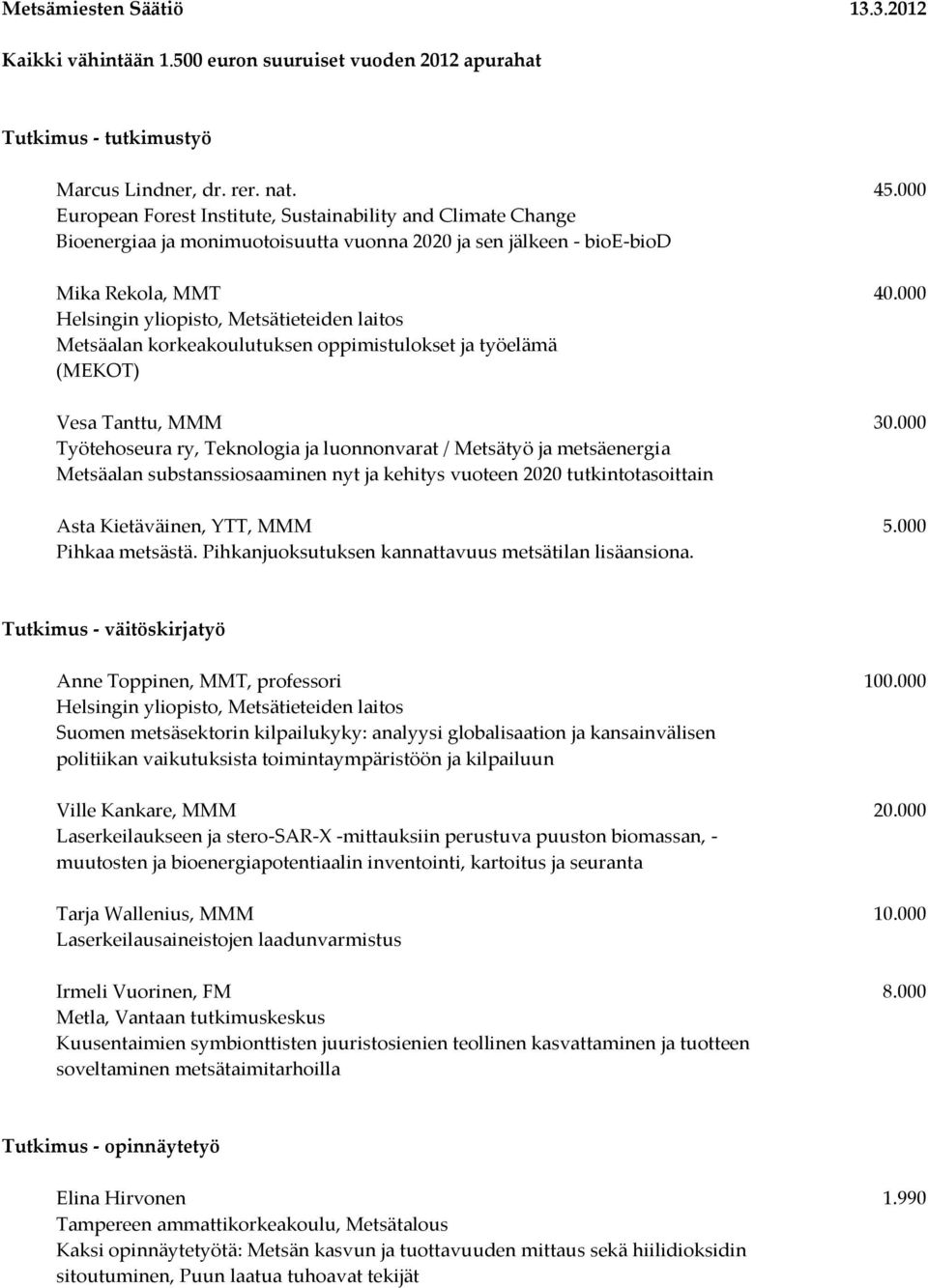 000 Helsingin yliopisto, Metsätieteiden laitos Metsäalan korkeakoulutuksen oppimistulokset ja työelämä (MEKOT) Vesa Tanttu, MMM 30.