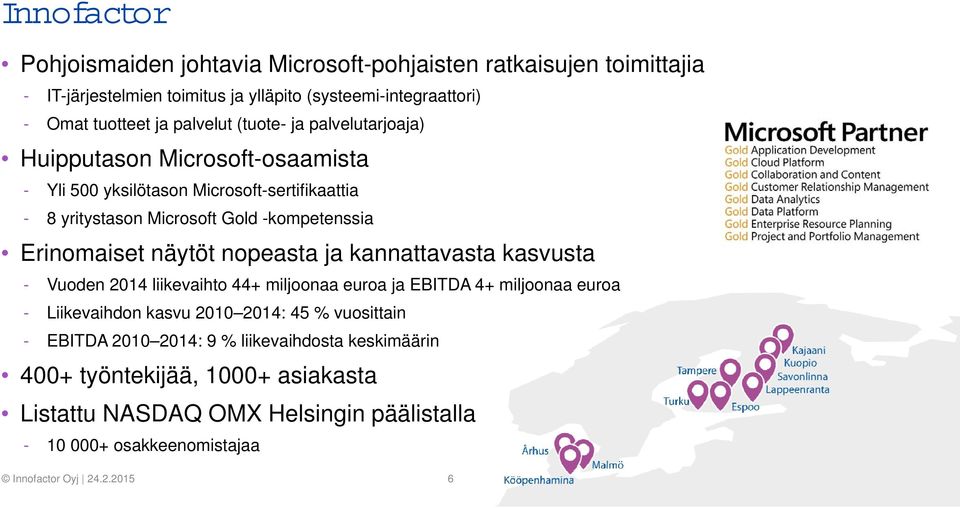 Erinomaiset näytöt nopeasta ja kannattavasta kasvusta - Vuoden 2014 liikevaihto 44+ miljoonaa euroa ja EBITDA 4+ miljoonaa euroa - Liikevaihdon kasvu 2010 2014: 45