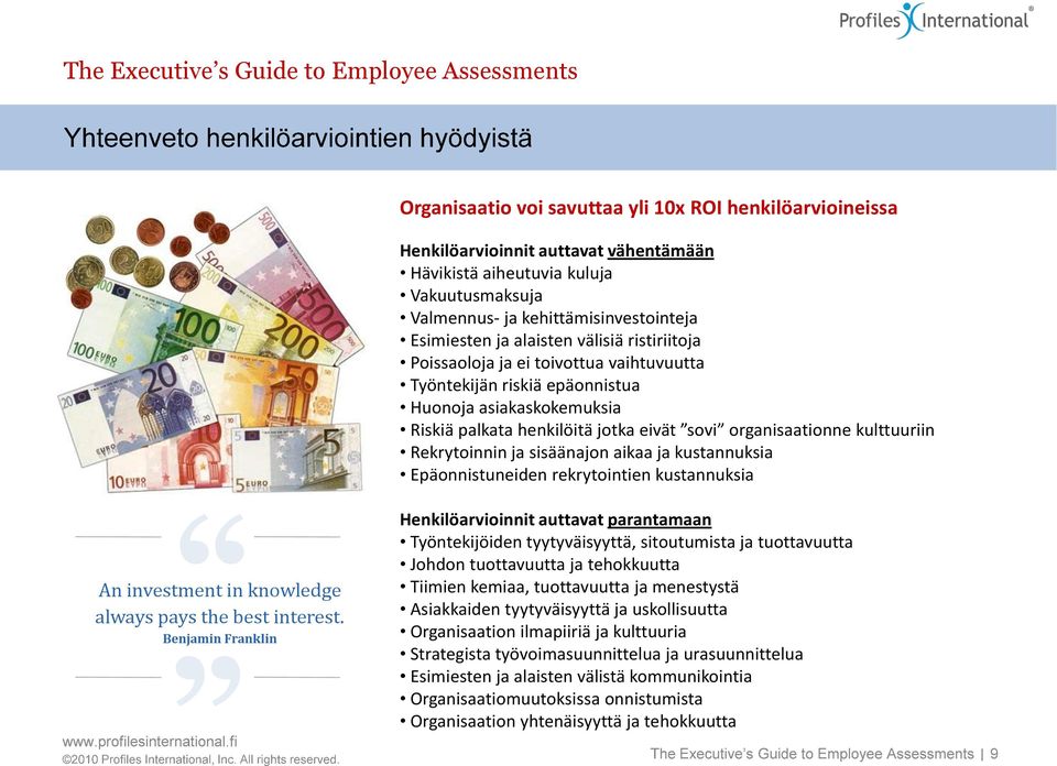 jotka eivät sovi organisaationne kulttuuriin Rekrytoinnin ja sisäänajon aikaa ja kustannuksia Epäonnistuneiden rekrytointien kustannuksia An investment in knowledge always pays the best interest.