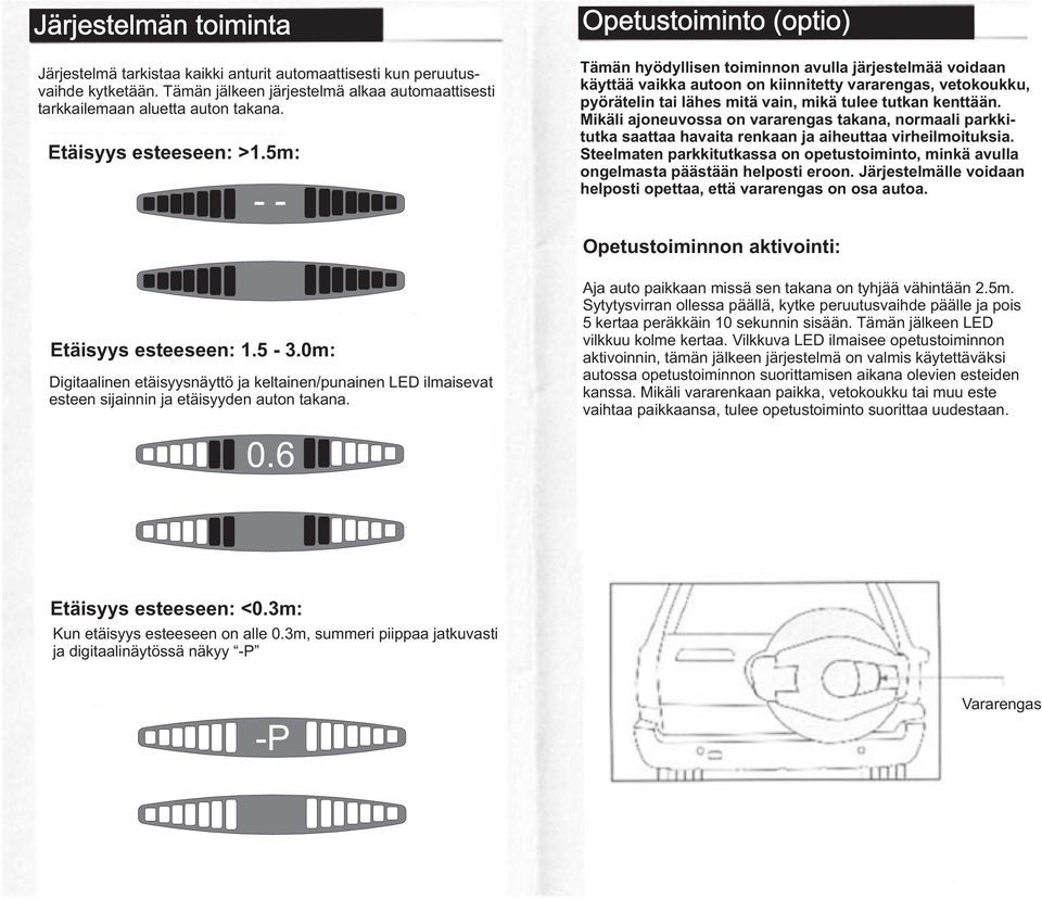 5m: - - Opetustoiminto (optio) Tämän hyödyllisen toiminnon avulla järjestelmää voidaan käyttää vaikka autoon on kiinnitetty vararengas, vetokoukku, pyörätelin tai lähes mitä vain, mikä tulee tutkan