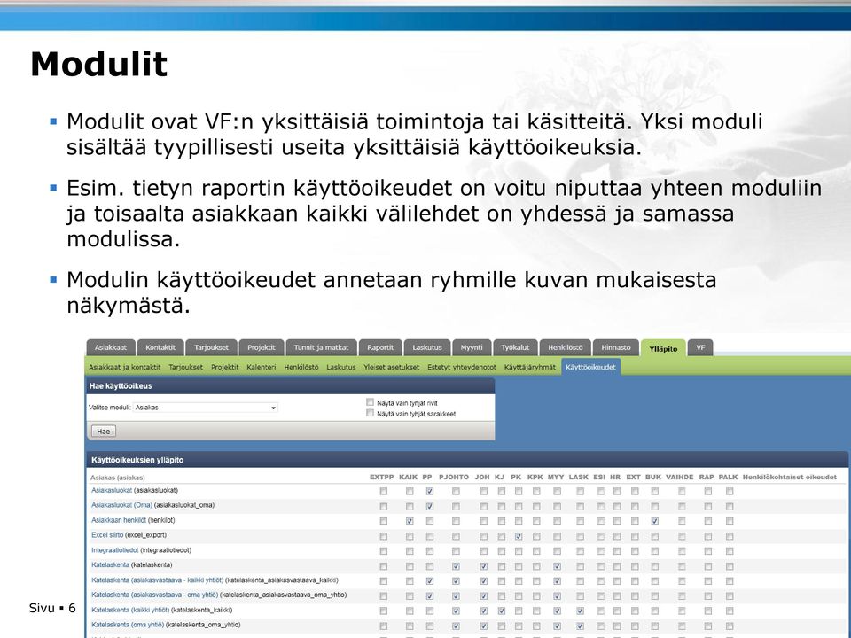 tietyn raportin käyttöoikeudet on voitu niputtaa yhteen moduliin ja toisaalta asiakkaan