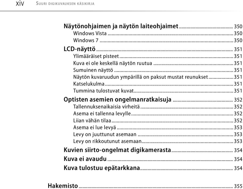 ..351 Tummina tulostuvat kuvat...351 Optisten asemien ongelmanratkaisuja... 352 Tallennuksenaikaisia virheitä...352 Asema ei tallenna levylle...352 Liian vähän tilaa.