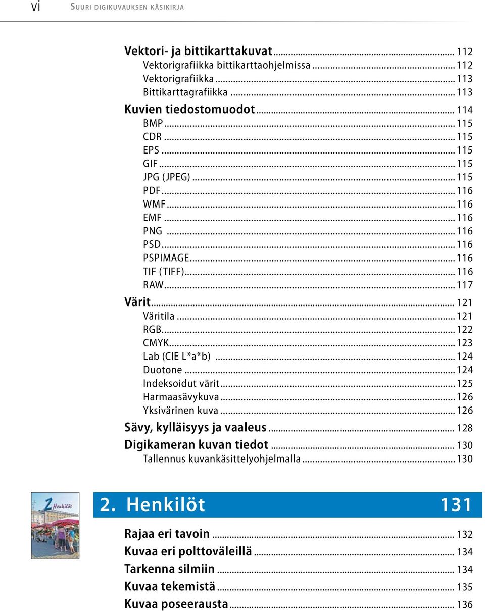 ..122 CMYK...123 Lab (CIE L*a*b)...124 Duotone...124 Indeksoidut värit...125 Harmaasävykuva...126 Yksivärinen kuva...126 Sävy, kylläisyys ja vaaleus... 128 Digikameran kuvan tiedot.