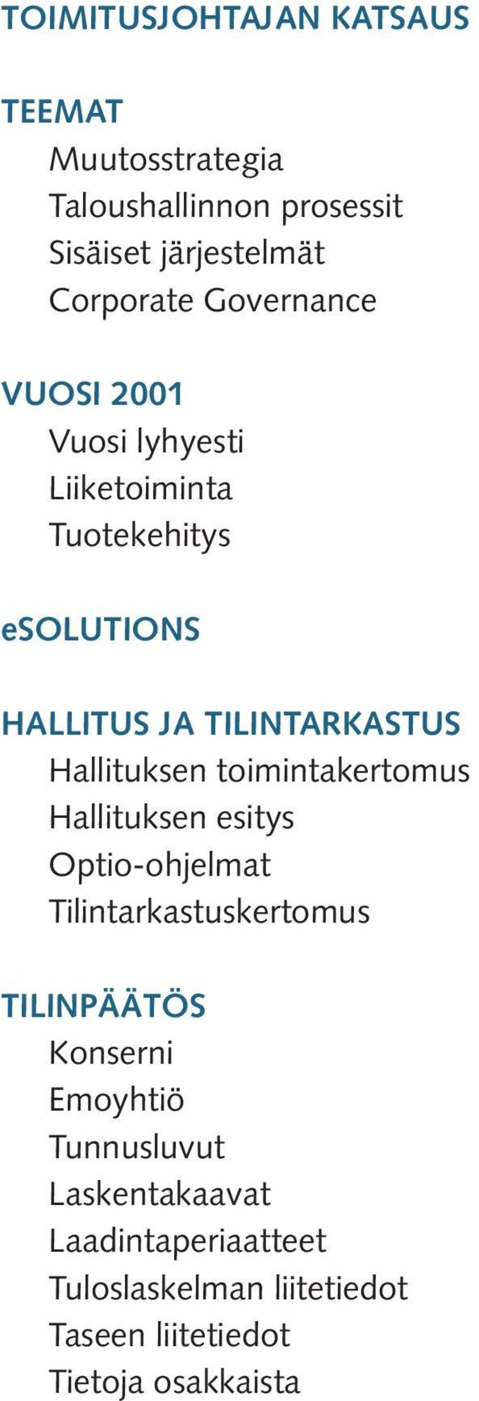 Hallituksen toimintakertomus Hallituksen esitys Optio-ohjelmat Tilintarkastuskertomus TILINPÄÄTÖS Konserni