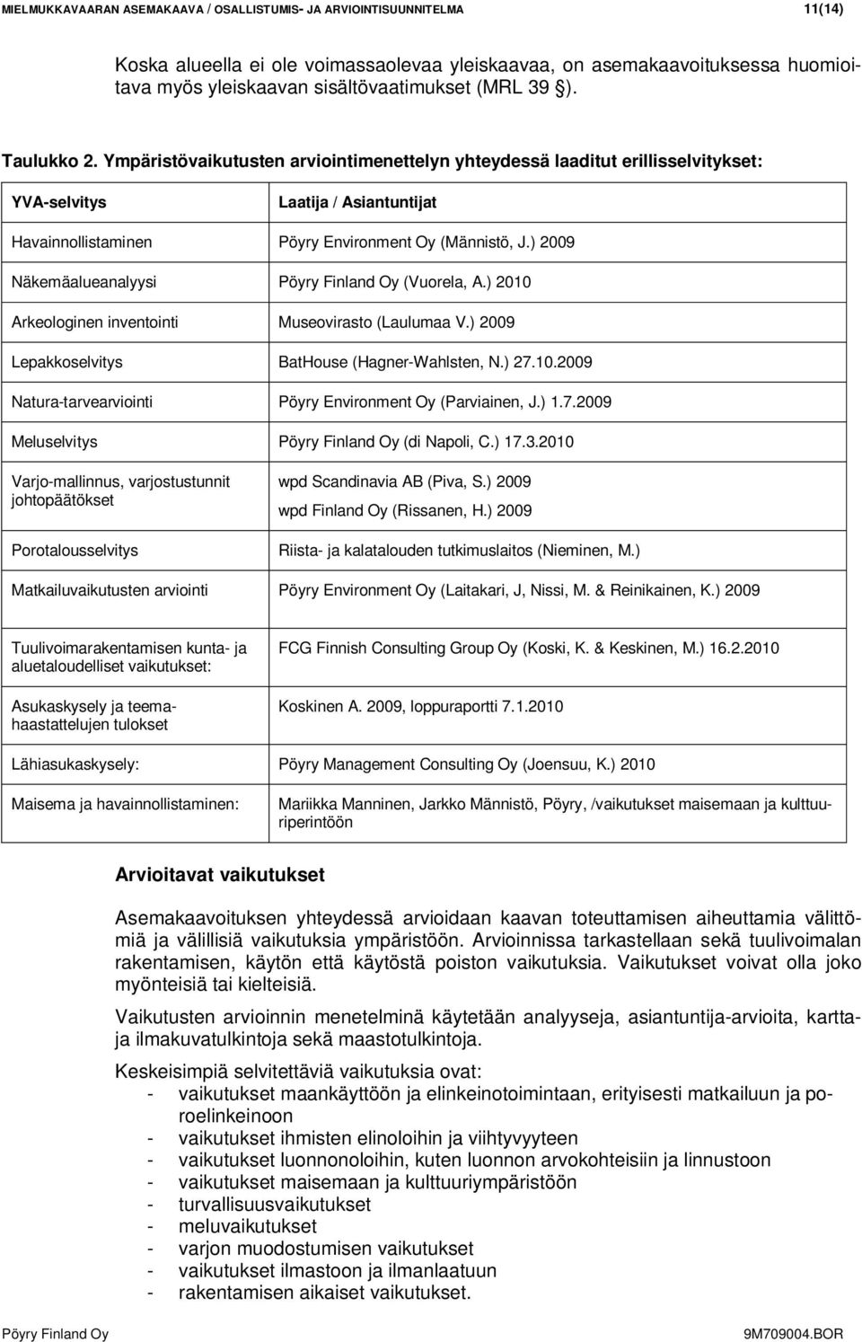 ) 2009 Näkemäalueanalyysi (Vuorela, A.) 2010 Arkeologinen inventointi Museovirasto (Laulumaa V.) 2009 Lepakkoselvitys BatHouse (Hagner-Wahlsten, N.) 27.10.2009 Natura-tarvearviointi Pöyry Environment Oy (Parviainen, J.