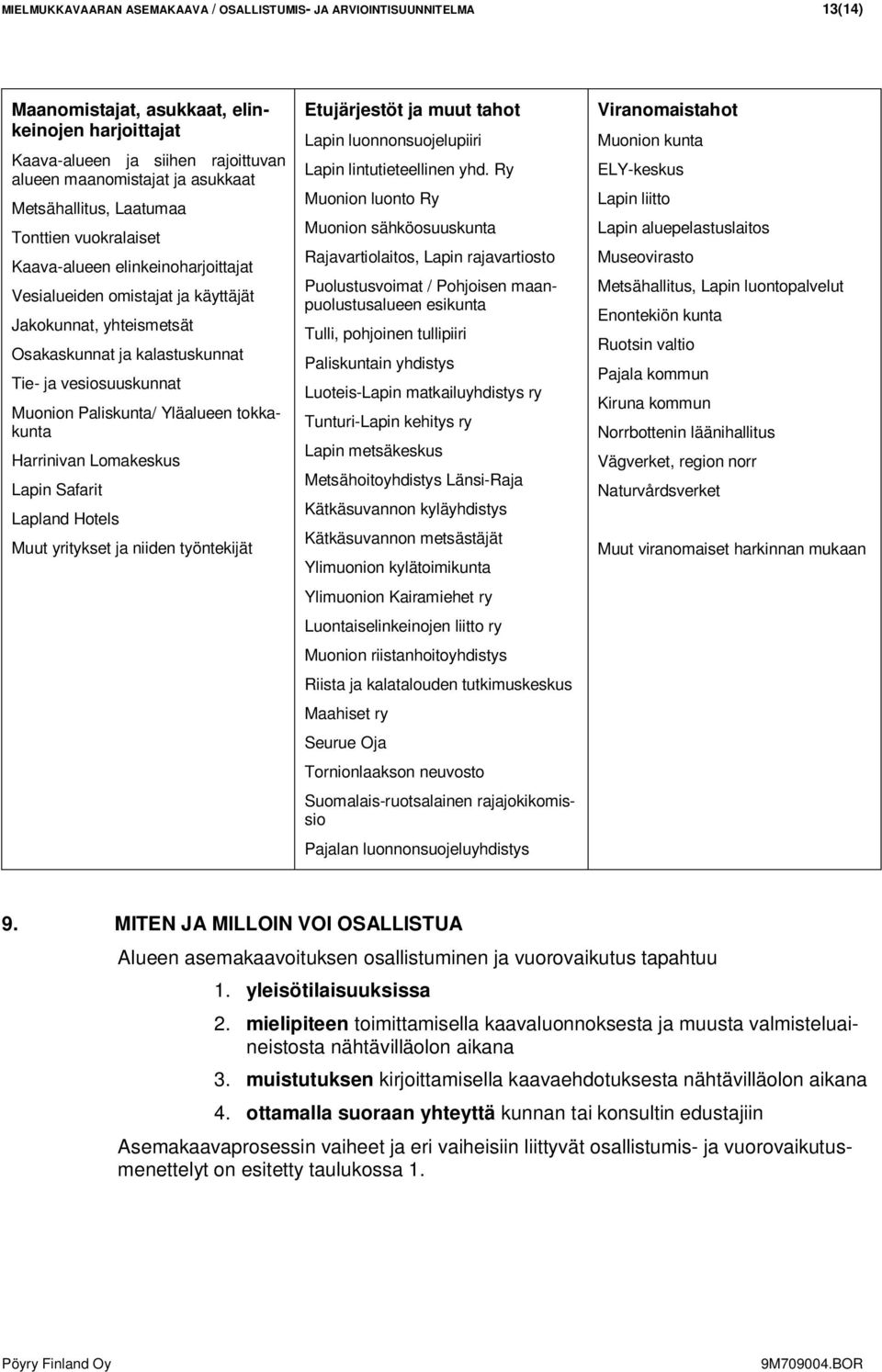 Muonion Paliskunta/ Yläalueen tokkakunta Harrinivan Lomakeskus Lapin Safarit Lapland Hotels Muut yritykset ja niiden työntekijät Etujärjestöt ja muut tahot Lapin luonnonsuojelupiiri Lapin