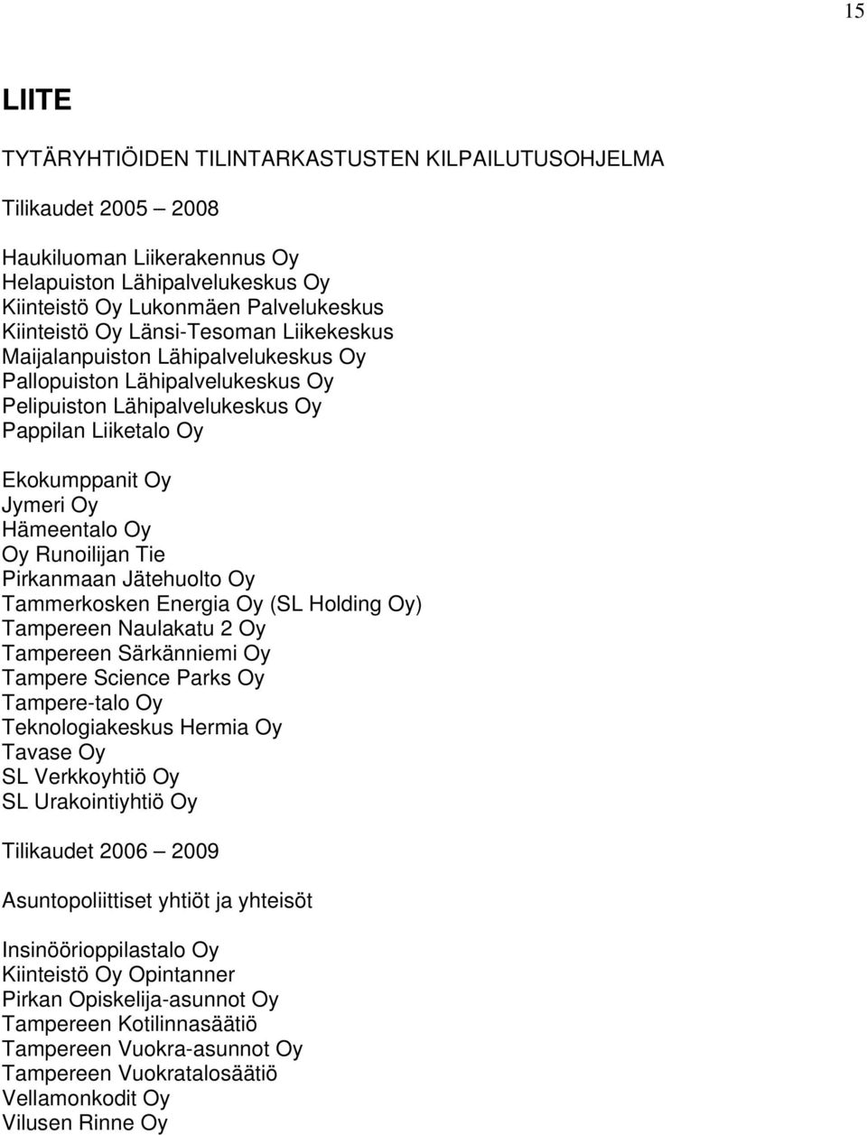 Runoilijan Tie Pirkanmaan Jätehuolto Oy Tammerkosken Energia Oy (SL Holding Oy) Tampereen Naulakatu 2 Oy Tampereen Särkänniemi Oy Tampere Science Parks Oy Tampere-talo Oy Teknologiakeskus Hermia Oy