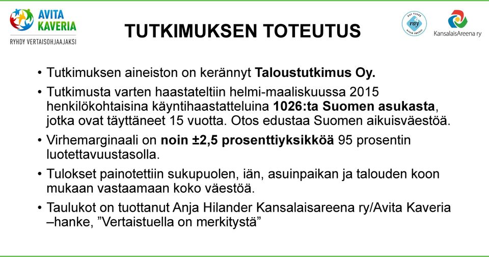 täyttäneet 15 vuotta. Otos edustaa Suomen aikuisväestöä. Virhemarginaali on noin ±2,5 prosenttiyksikköä 95 prosentin luotettavuustasolla.