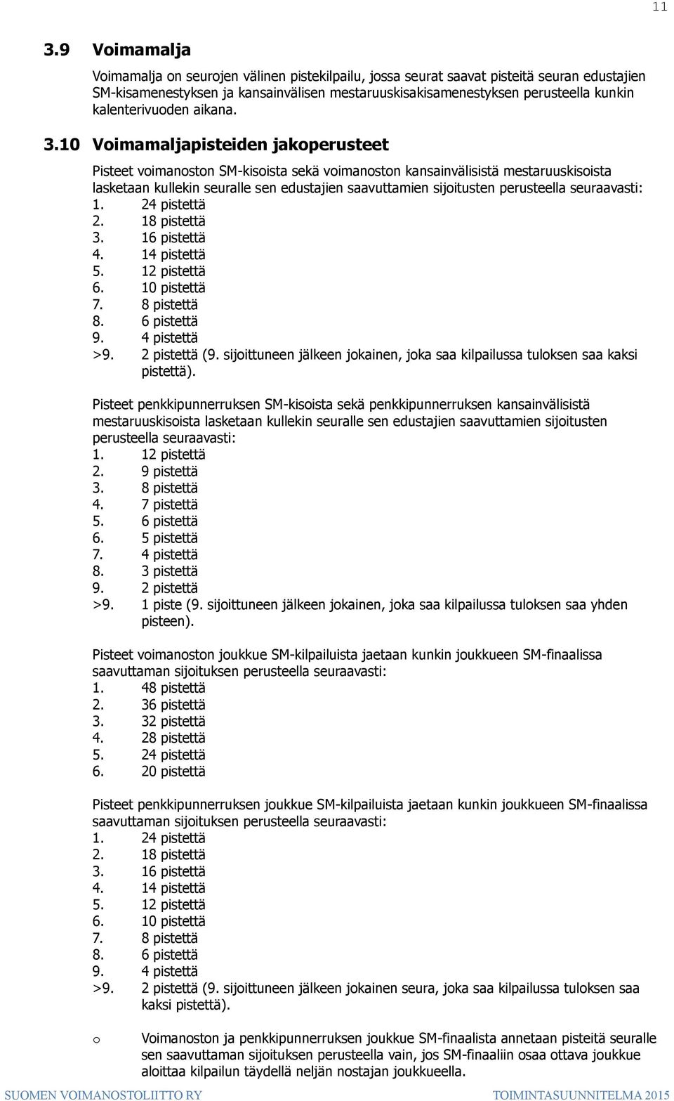 10 Voimamaljapisteiden jakoperusteet Pisteet voimanoston SM-kisoista sekä voimanoston kansainvälisistä mestaruuskisoista lasketaan kullekin seuralle sen edustajien saavuttamien sijoitusten