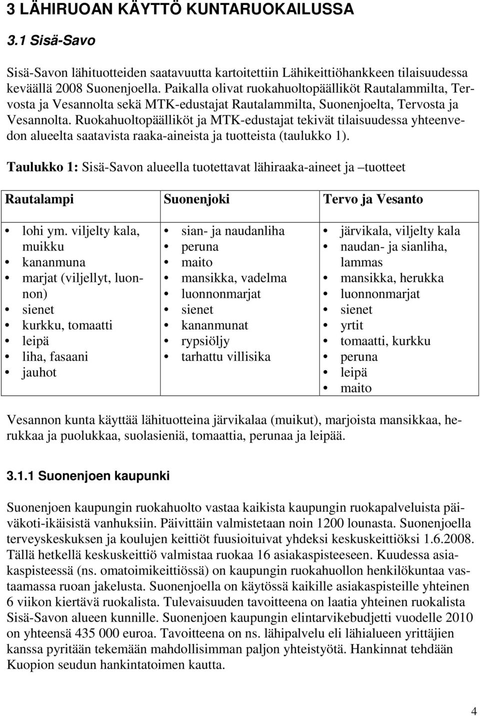 Ruokahuoltopäälliköt ja MTK-edustajat tekivät tilaisuudessa yhteenvedon alueelta saatavista raaka-aineista ja tuotteista (taulukko 1).