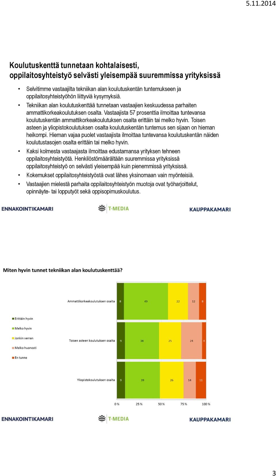 Vastaajista 57 prosenttia ilmoittaa tuntevansa koulutuskentän ammattikorkeakoulutuksen osalta erittäin tai melko hyvin.