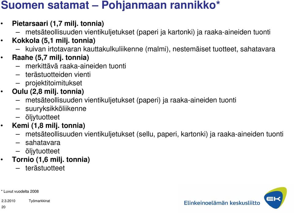 tonnia) merkittävä raaka-aineiden tuonti terästuotteiden vienti projektitoimitukset Oulu (2,8 milj.