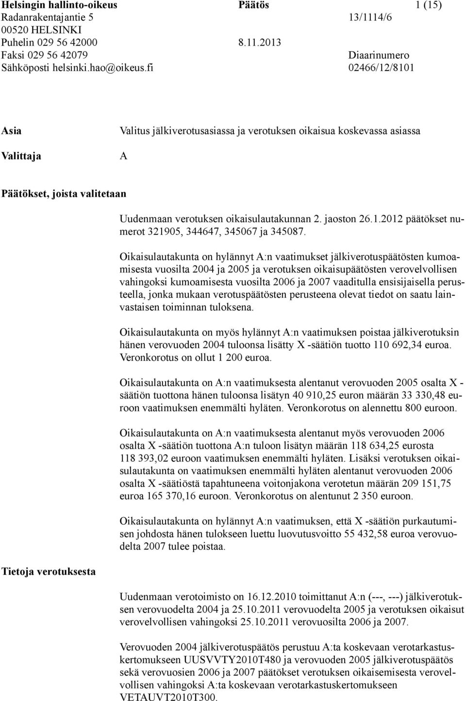 verotuksen oikaisulautakunnan 2. jaoston 26.1.2012 päätökset numerot 321905, 344647, 345067 ja 345087.