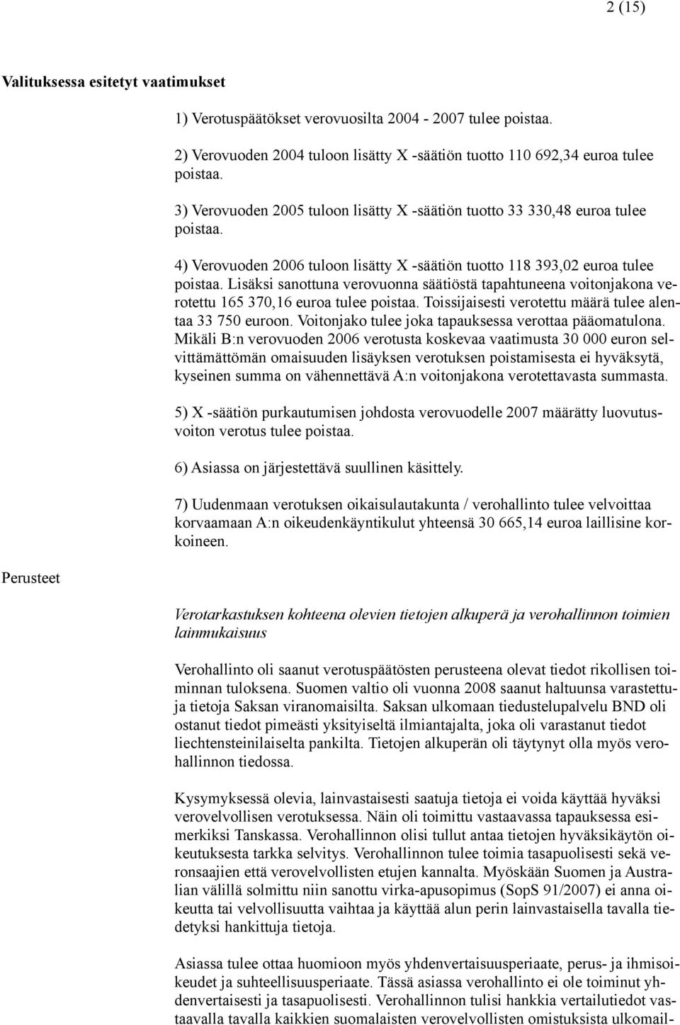 Lisäksi sanottuna verovuonna säätiöstä tapahtuneena voitonjakona verotettu 165 370,16 euroa tulee poistaa. Toissijaisesti verotettu määrä tulee alentaa 33 750 euroon.