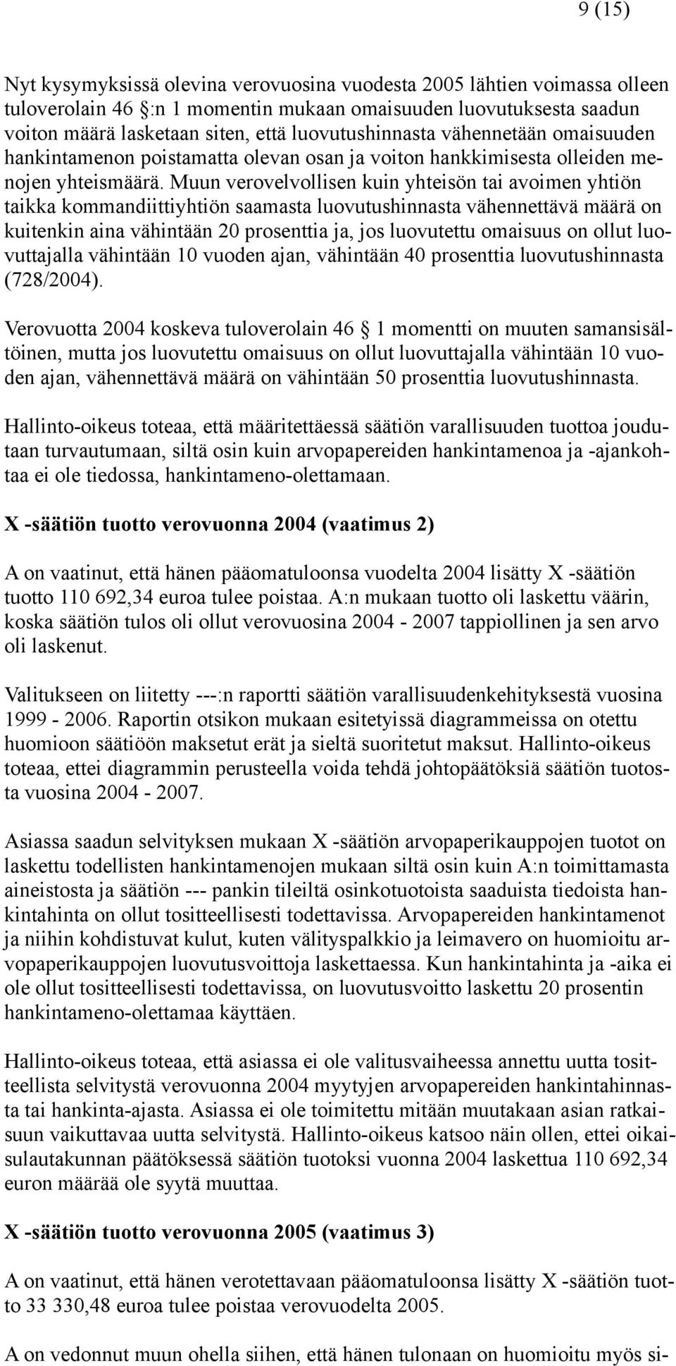 Muun verovelvollisen kuin yhteisön tai avoimen yhtiön taikka kommandiittiyhtiön saamasta luovutushinnasta vähennettävä määrä on kuitenkin aina vähintään 20 prosenttia ja, jos luovutettu omaisuus on