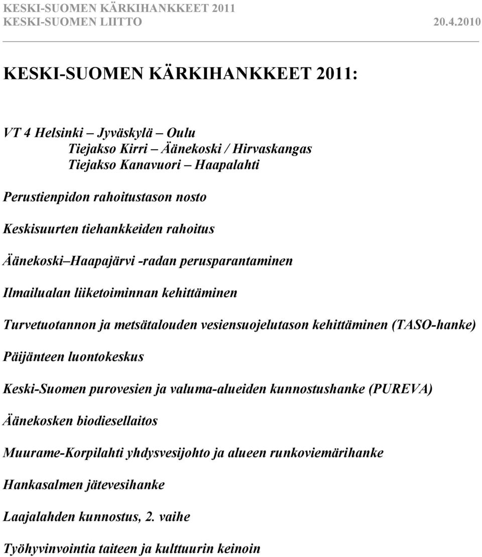 vesiensuojelutason kehittäminen (TASO-hanke) Päijänteen luontokeskus Keski-Suomen purovesien ja valuma-alueiden kunnostushanke (PUREVA) Äänekosken biodiesellaitos