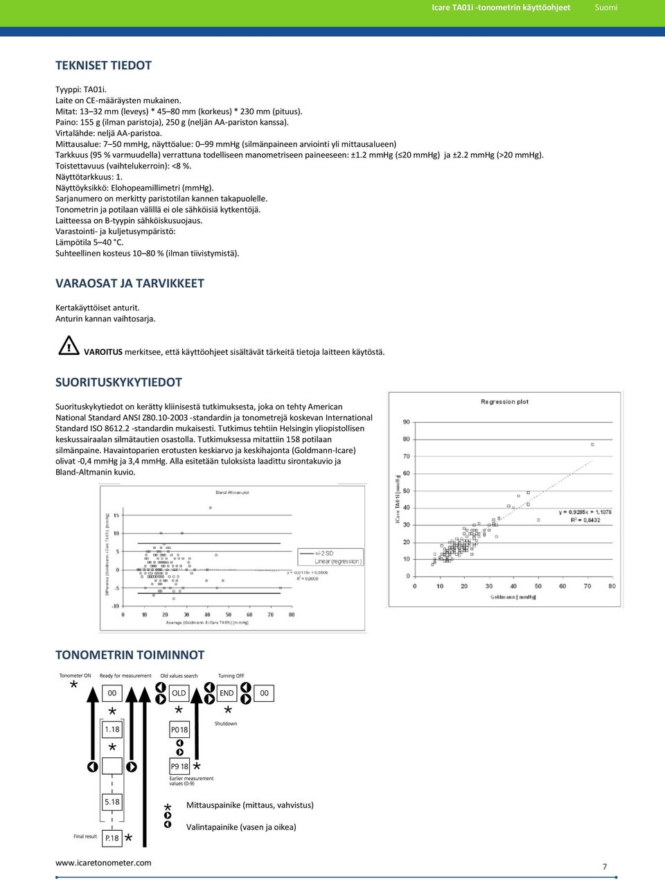 Mittausalue: 7 50 mmhg, näyttöalue: 0 99 mmhg (silmänpaineen arviointi yli mittausalueen) Tarkkuus (95 % varmuudella) verrattuna todelliseen manometriseen paineeseen: ±1.2 mmhg ( 20 mmhg) ja ±2.
