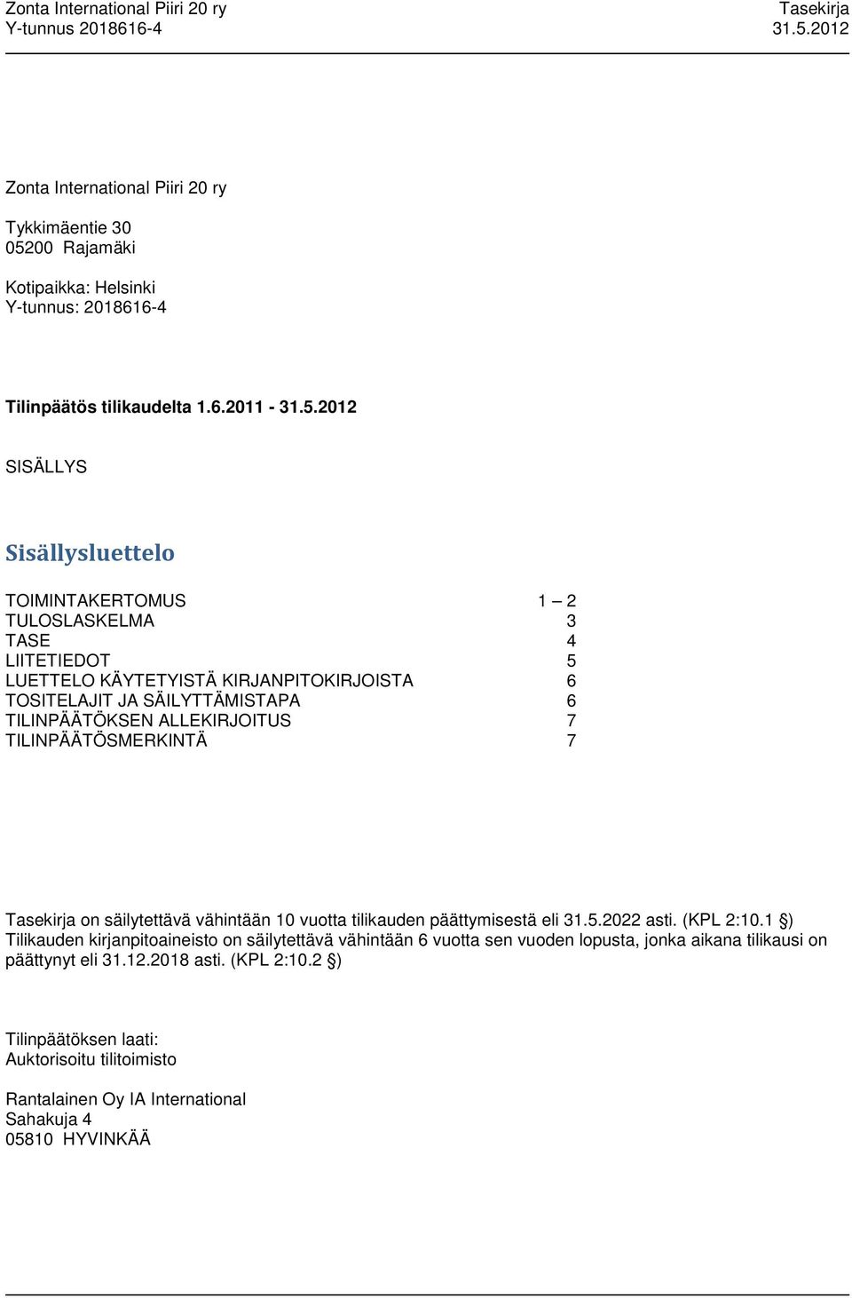 2012 SISÄLLYS Sisällysluettelo TOIMINTAKERTOMUS 1 2 TULOSLASKELMA 3 TASE 4 LIITETIEDOT 5 LUETTELO KÄYTETYISTÄ KIRJANPITOKIRJOISTA 6 TOSITELAJIT JA SÄILYTTÄMISTAPA 6 TILINPÄÄTÖKSEN