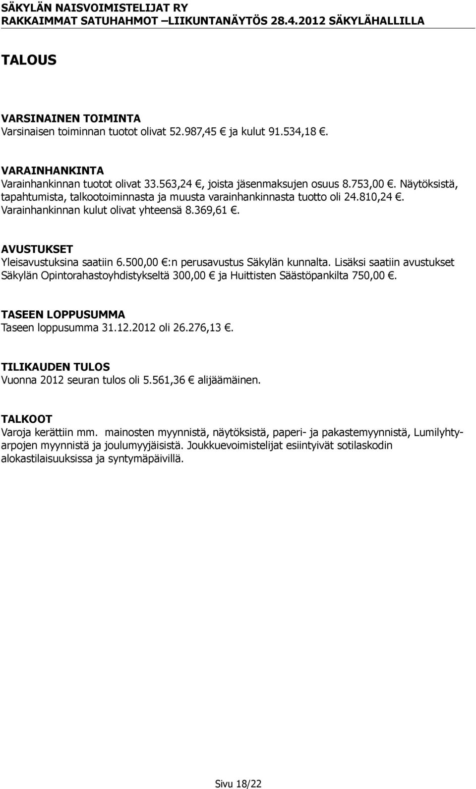 :n perusavustus Säkylän kunnalta. Lisäksi saatiin avustukset Säkylän Opintorahastoyhdistykseltä 300,00! ja Huittisten Säästöpankilta 750,00!. TASEEN LOPPUSUMMA Taseen loppusumma 31.12.2012 oli 26.