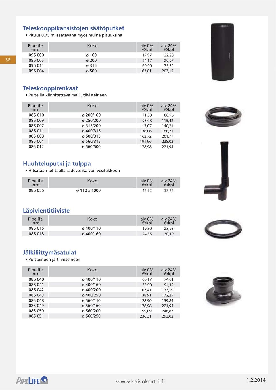 tulppa 086 055 ø 110 x 1000 Läpivientitiiviste 086 015 ø 400/110 086 018 ø 400/160 Jälkiliittymäsatulat 086 040 ø 400/110