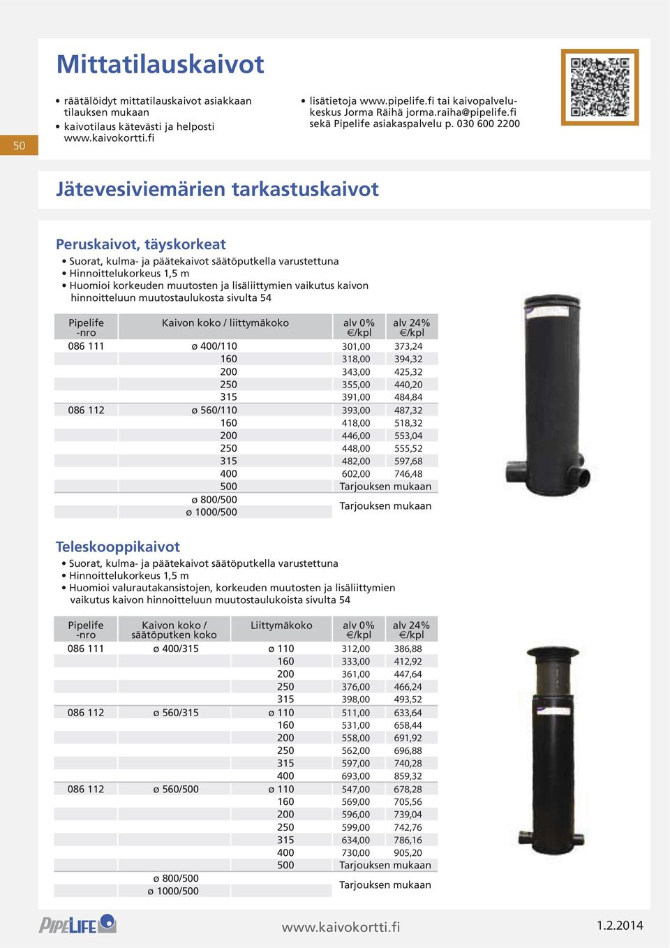 400/110 086 112 ø 560/110 500 Tarjouksen mukaan ø 800/500 ø 1000/500 Tarjouksen mukaan Teleskooppikaivot vaikutus kaivon hinnoitteluun muutostaulukoista