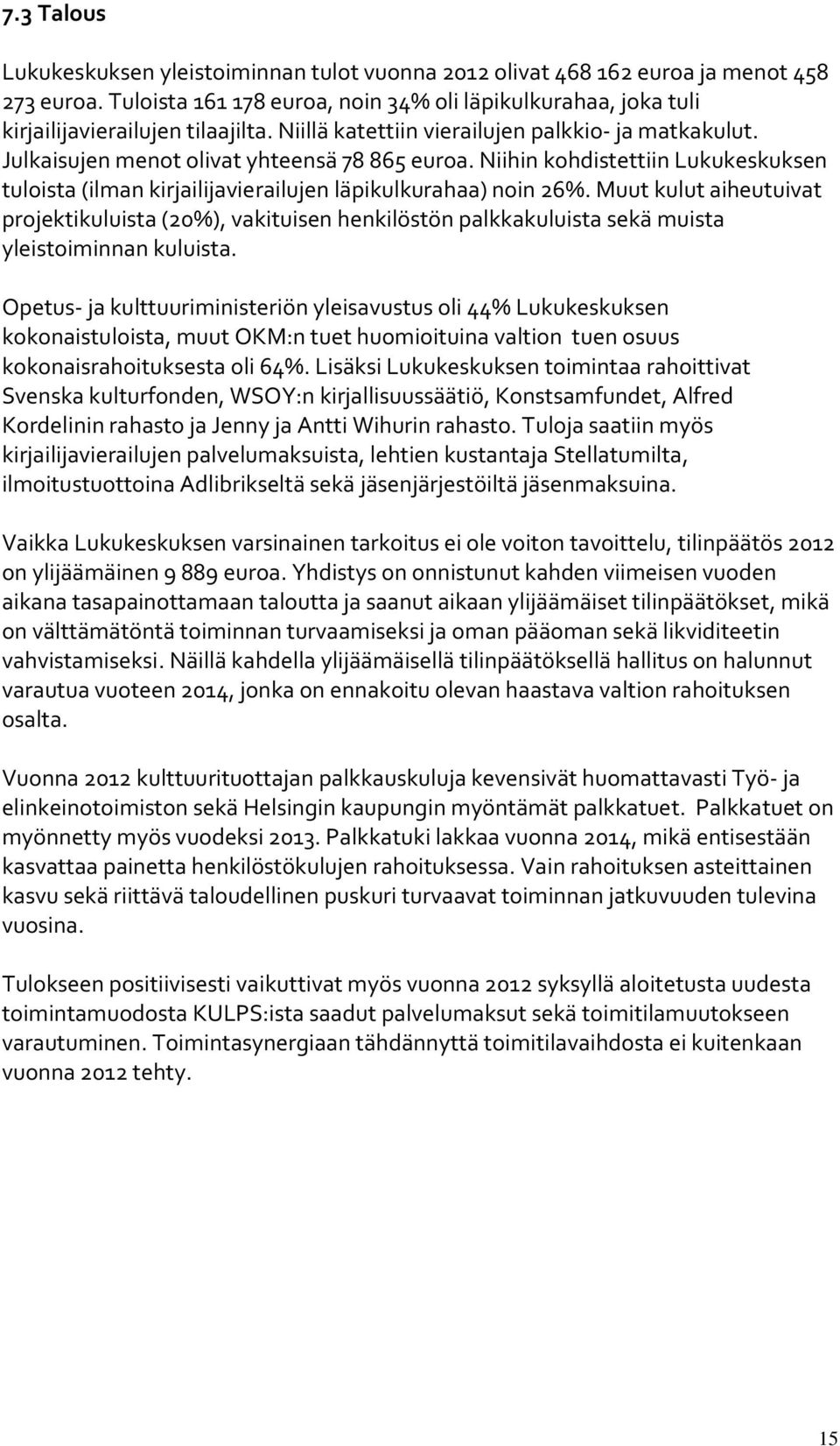 Muut kulut aiheutuivat projektikuluista (20%), vakituisen henkilöstön palkkakuluista sekä muista yleistoiminnan kuluista.