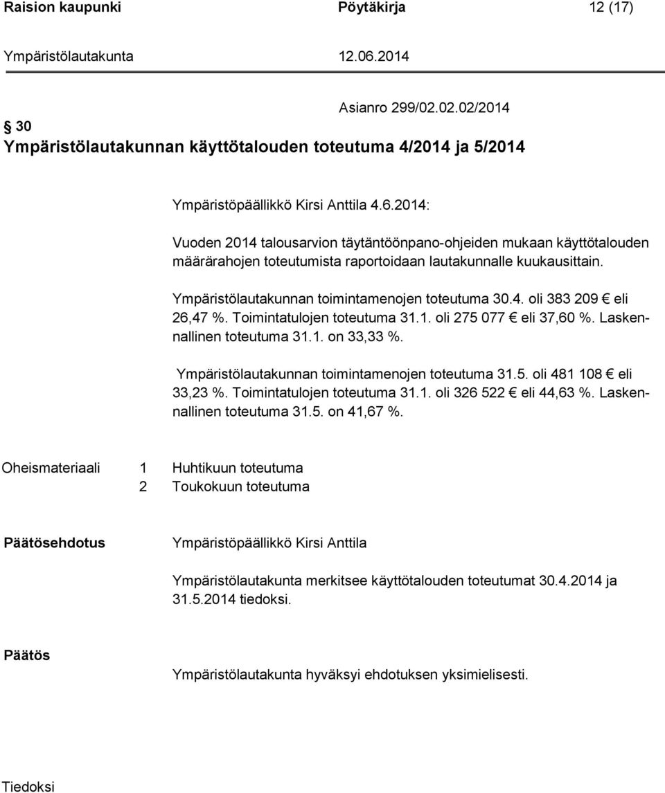Toimintatulojen toteutuma 31.1. oli 275 077 eli 37,60 %. Laskennallinen toteutuma 31.1. on 33,33 %. Ympäristölautakunnan toimintamenojen toteutuma 31.5. oli 481 108 eli 33,23 %.