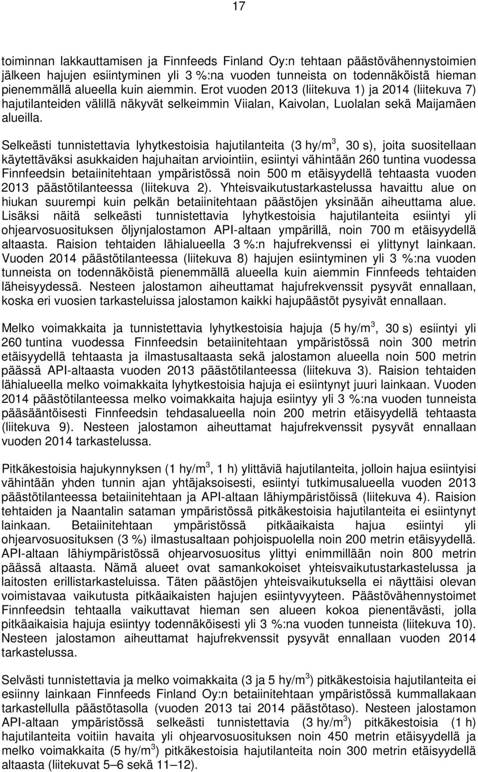 Selkeästi tunnistettavia lyhytkestoisia hajutilanteita (3 hy/m 3, 30 s), joita suositellaan käytettäväksi asukkaiden hajuhaitan arviointiin, esiintyi vähintään 260 tuntina vuodessa Finnfeedsin