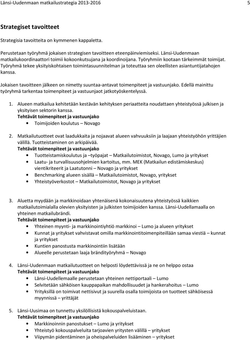 Työryhmä tekee yksityiskohtaisen toimintasuunnitelman ja toteuttaa sen oleellisten asiantuntijatahojen kanssa. Jokaisen tavoitteen jälkeen on nimetty suuntaa-antavat toimenpiteet ja vastuunjako.