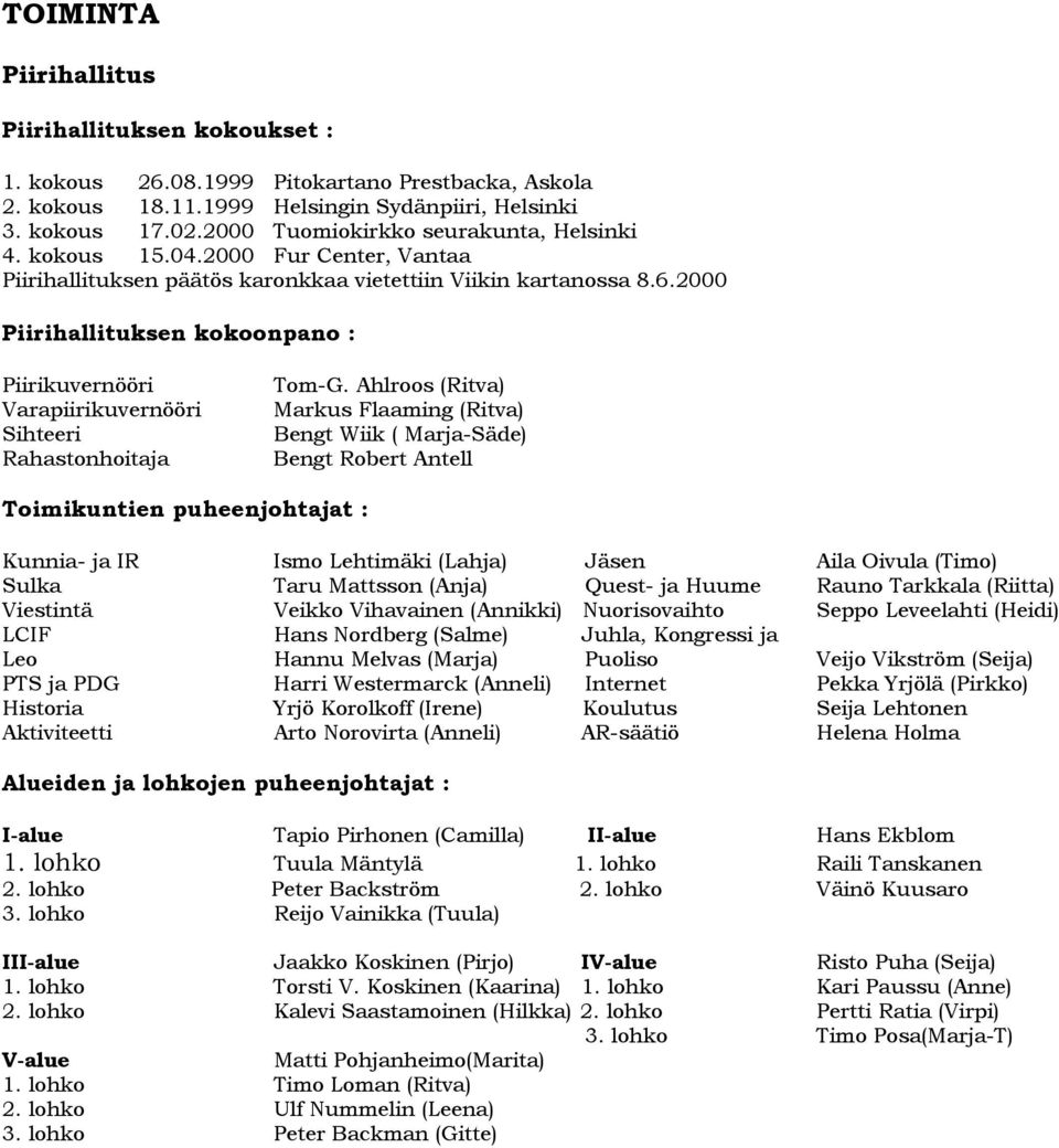 2000 Piirihallituksen kokoonpano : Piirikuvernööri Varapiirikuvernööri Sihteeri Rahastonhoitaja Tom-G.