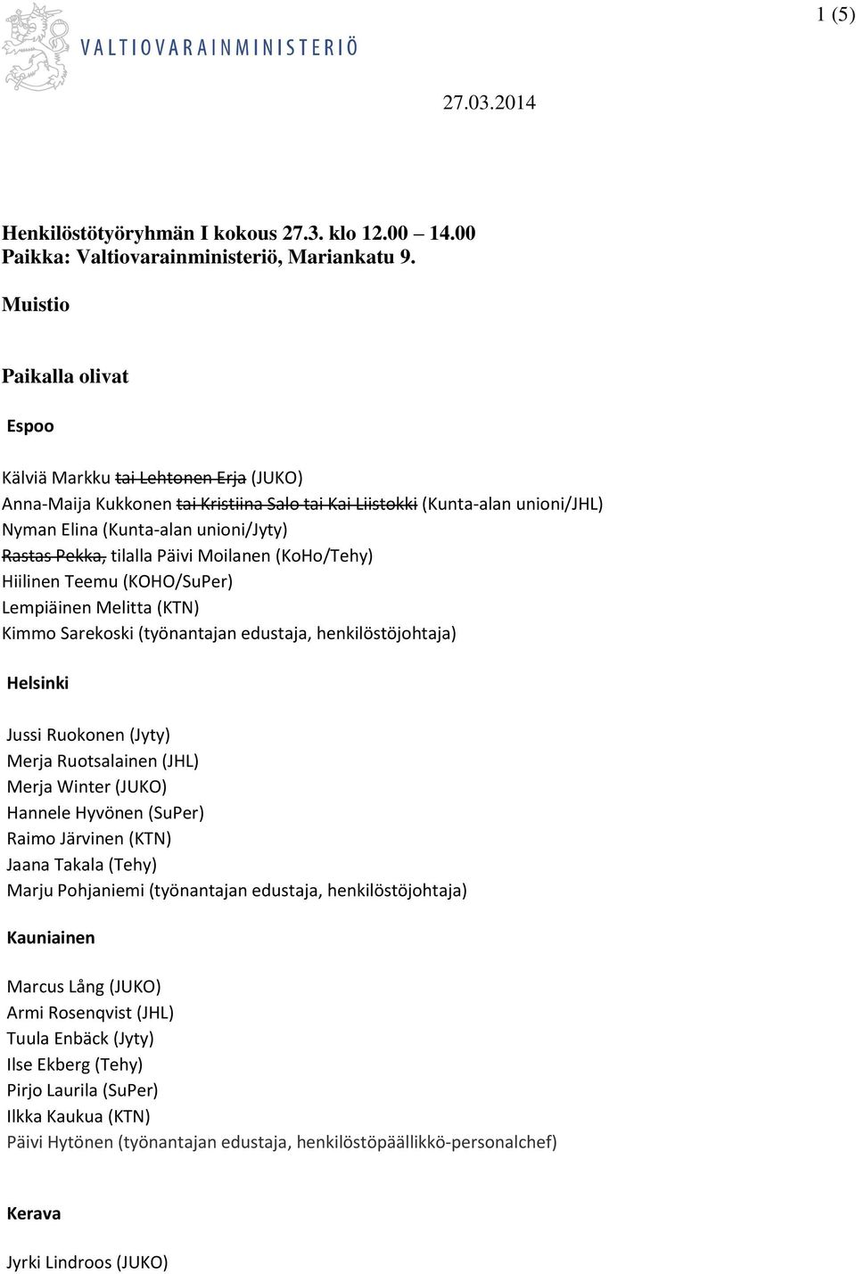 Pekka, tilalla Päivi Moilanen (KoHo/Tehy) Hiilinen Teemu (KOHO/SuPer) Lempiäinen Melitta (KTN) Kimmo Sarekoski (työnantajan edustaja, henkilöstöjohtaja) Helsinki Jussi Ruokonen (Jyty) Merja