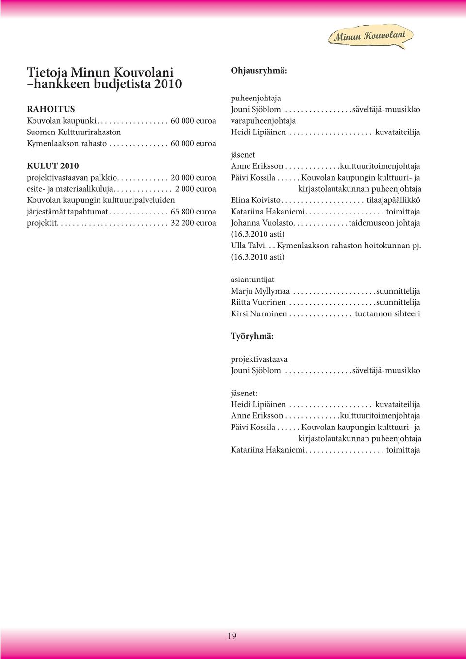 .............. 65 800 euroa projektit............................ 32 200 euroa Ohjausryhmä: puheenjohtaja Jouni Sjöblom................ säveltäjä-muusikko varapuheenjohtaja Heidi Lipiäinen.