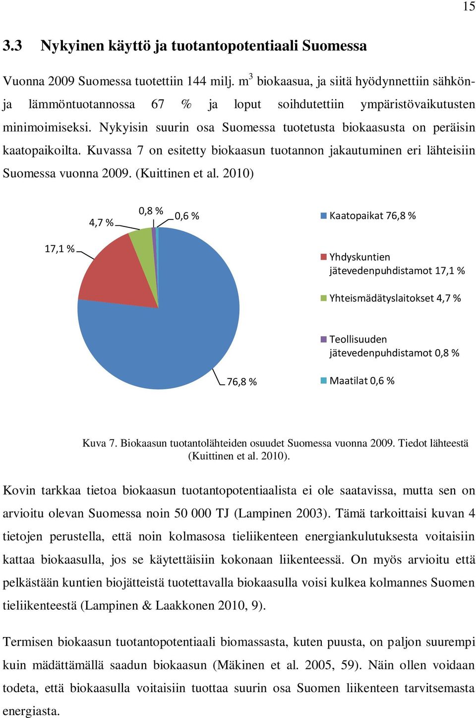 Nykyisin suurin osa Suomessa tuotetusta biokaasusta on peräisin kaatopaikoilta. Kuvassa 7 on esitetty biokaasun tuotannon jakautuminen eri lähteisiin Suomessa vuonna 2009. (Kuittinen et al.