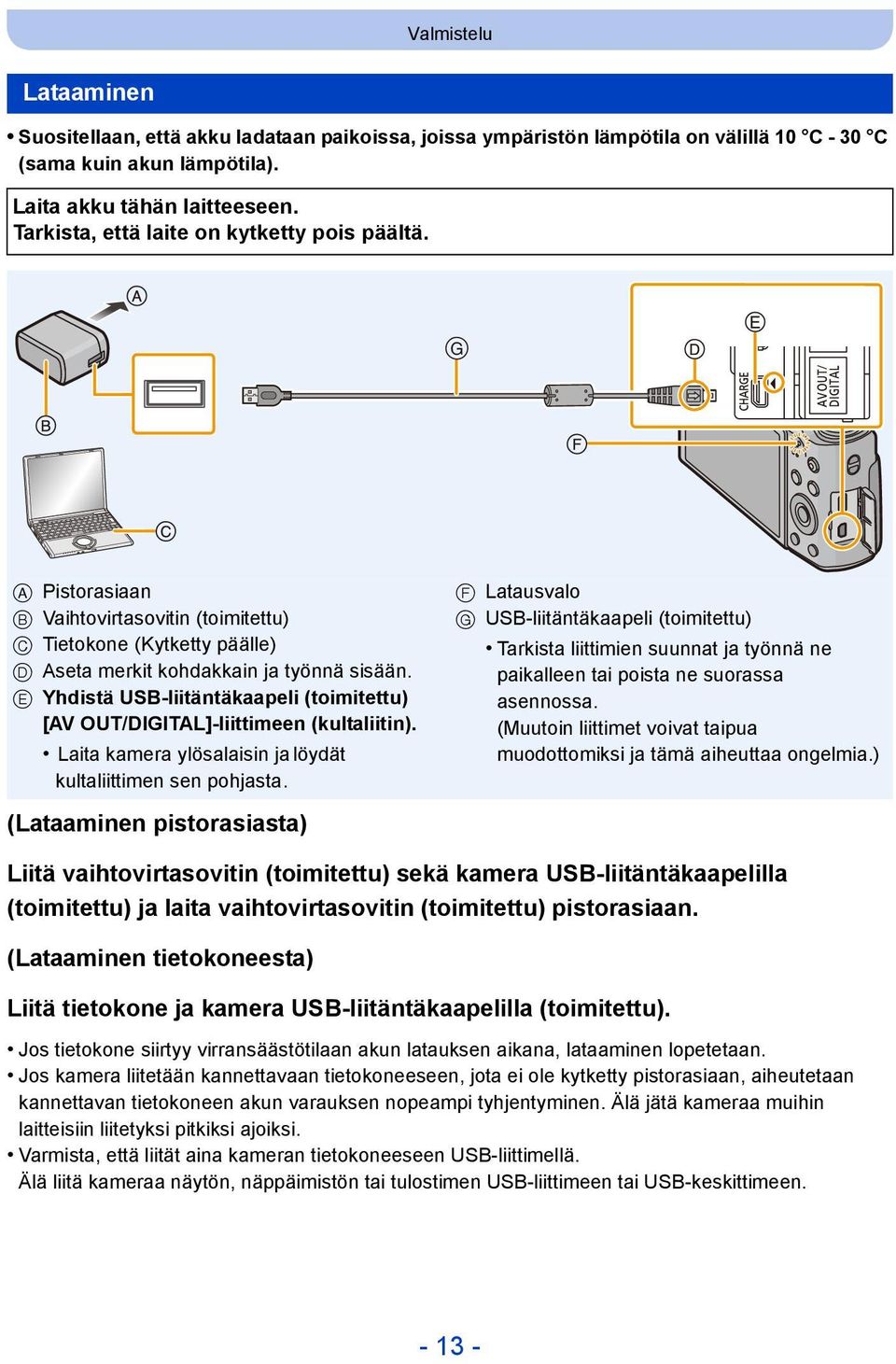 E Yhdistä USB-liitäntäkaapeli (toimitettu) [AV OUT/DIGITAL]-liittimeen (kultaliitin). Laita kamera ylösalaisin ja löydät kultaliittimen sen pohjasta.