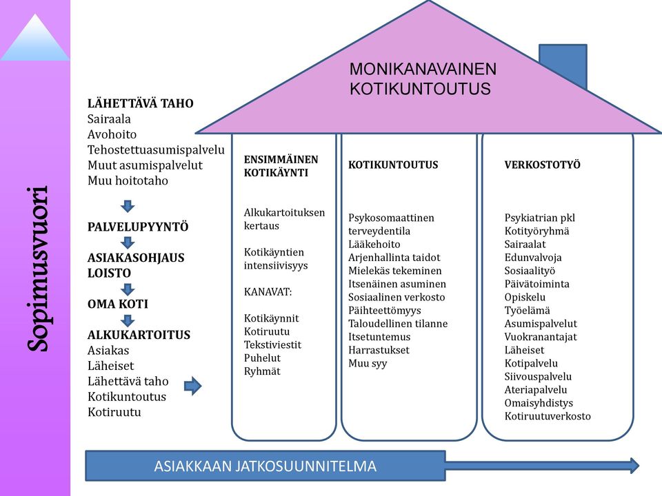 Tekstiviestit Puhelut Ryhmät Psykosomaattinen terveydentila Lääkehoito Arjenhallinta taidot Mielekäs tekeminen Itsenäinen asuminen Sosiaalinen verkosto Päihteettömyys Taloudellinen tilanne