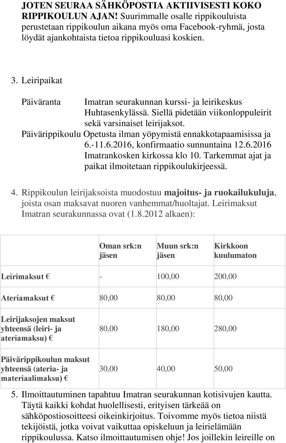 Leiripaikat Päiväranta Imatran seurakunnan kurssi- ja leirikeskus Huhtasenkylässä. Siellä pidetään viikonloppuleirit sekä varsinaiset leirijaksot.