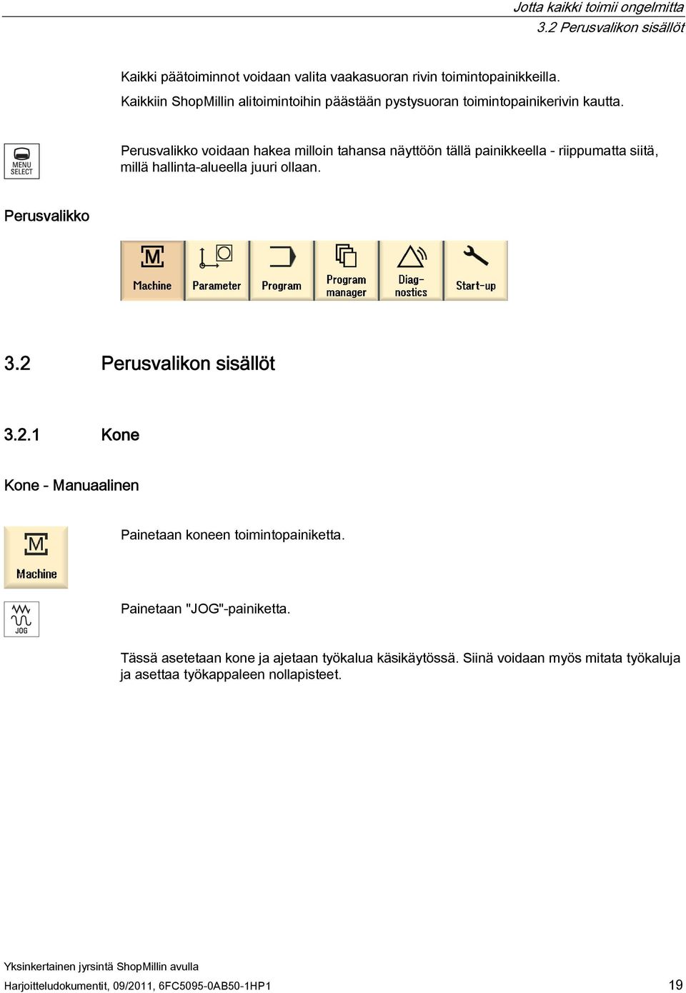 Perusvalikko voidaan hakea milloin tahansa näyttöön tällä painikkeella - riippumatta siitä, millä hallinta-alueella juuri ollaan. Perusvalikko 3.