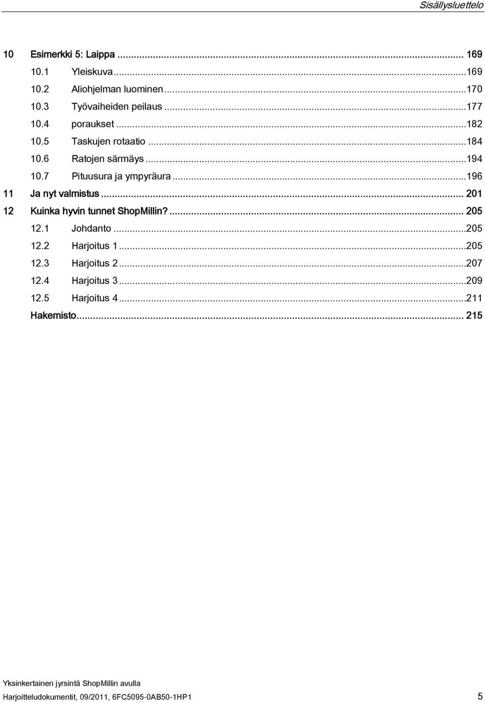 7 Pituusura ja ympyräura...196 11 Ja nyt valmistus... 201 12 Kuinka hyvin tunnet ShopMillin?... 205 12.1 Johdanto...205 12.2 Harjoitus 1.